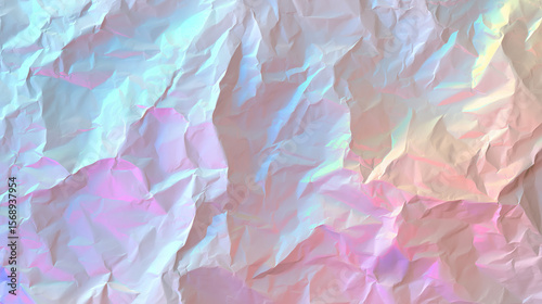 Holographic Crumpled Paper Texture: A colorful and iridescent background of wrinkled paper with a rainbow holographic effect.