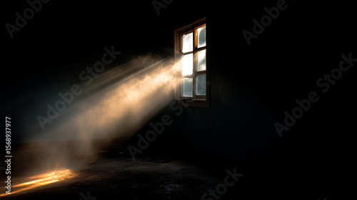 Hopeful Sunbeam in a Dark Room: A dramatic beam of light shining through a window into a dark, dusty room, symbolizing hope.