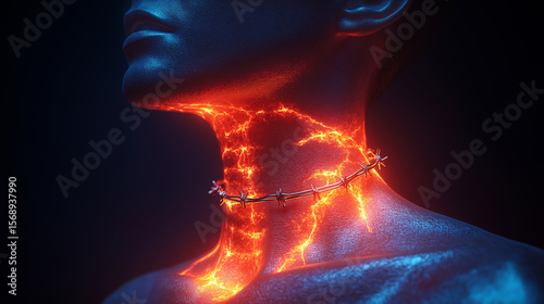 Image of a neck with a sore area around it. The sore throat feels like barbed wire is wrapped around the neck.