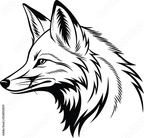 Striking black and white fox head silhouette with fierce expression and stylised fur