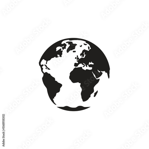 simple black and white illustration of globe showing Africa, Europe, and parts of Asia, with minimalist design. globe is centered and isolated on transparency