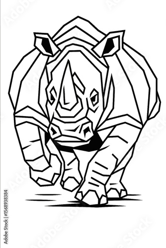 A geometric, line-art illustration of a rhinoceros charging forward, presented in a minimalist black and white style, ideal for modern design projects and branding.