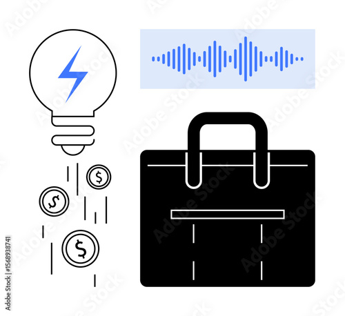 Lightbulb emitting coins, soundwave, black briefcase. Ideal for business, innovation, technology, monetization, entrepreneurship sound design creativity. Simple flat metaphor