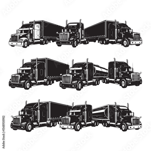 Three Black and White Illustrations of Semi Trucks with Trailers One Set Shows Two Box Trailers Another Set Shows a Box Trailer and a Tanker Trailer and the Final Set Shows