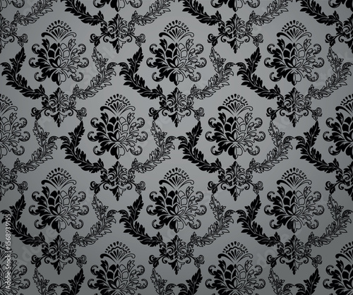Wallpaper in the style of Baroque. Gray and black floral ornament. Seamless vector background. Graphic pattern for fabric, wallpaper, packaging. Ornate Damask flower illustration
