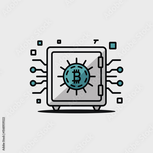 Grey safe box icon vector illustration featuring a teal Bitcoin symbol inside digital circuit connections minimalist style flat design