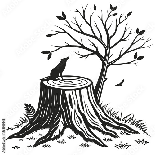 Silhouette of Dog on Tree Stump: Nature's Stillness, Black and White Art