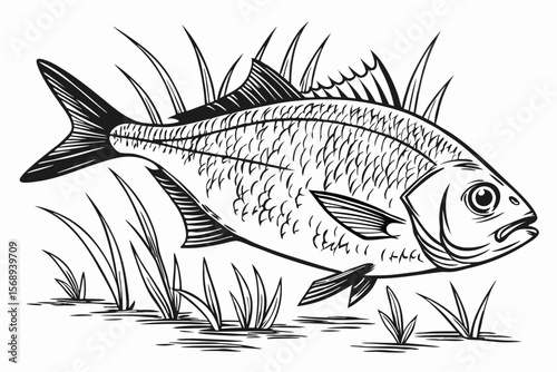 Black and White Gilt-Head Bream Sketch Illustration