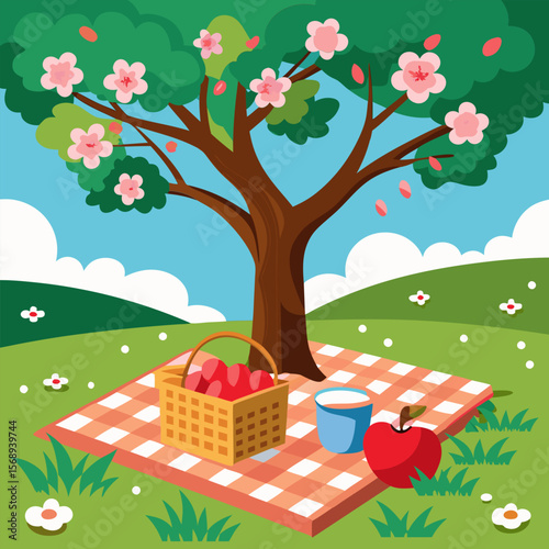 Spring Picnic under Blossoming Tree. A Relaxing Day Outdoors