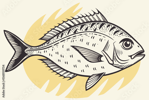 Classic Gilt-Head Bream Ink Drawing – Retro Marine Art