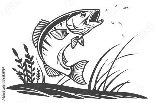 Jumping Bass Fish Graphic – Monochrome Design
