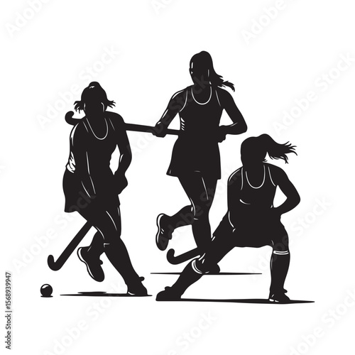 Three Black and White Silhouettes of Female Field Hockey Players in Action Dynamic Pose Sport Graphic Women Athletes