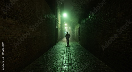 Silhouette of a man walking down a dark alley street at night in a city setting