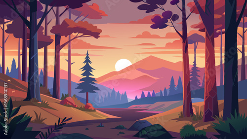 Sunset over Mountains and Forest. A Serene Nature Scene