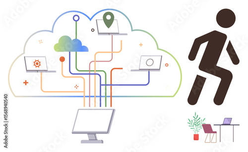 Cloud network connecting devices via colorful lines, showcasing data flow. Walking figure toward workspace with desk and plant. Ideal for technology, remote work, innovation, cloud solutions