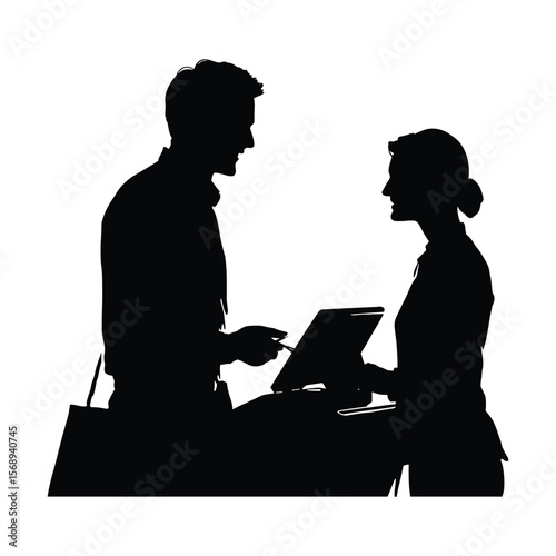 Silhouette of Two People Talking at Reception Desk