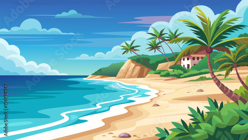 Tropical Beach Landscape. Palm Trees. Ocean. and Sandy Shores