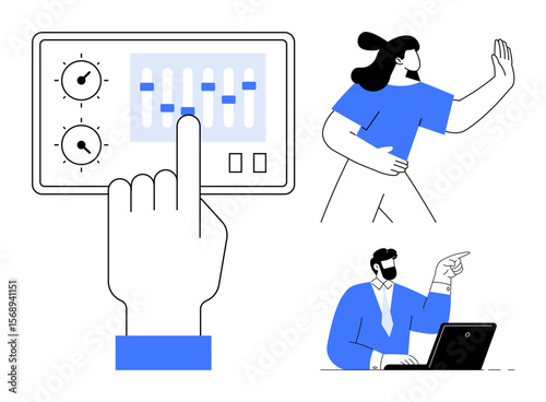 Hand adjusting sliders on a control panel, woman gesturing stop, man pointing with a laptop. Ideal for teamwork, control, collaboration, decision-making, technology, communication and workflow