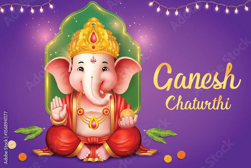 Lord Ganesha Sitting on Purple Color Background With Hanging Lights. Ganesha Chaturthi Festival Grand Sale Celebration For Greeting Card, Invitation, E-commerce Banners.