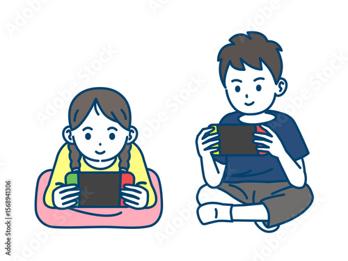 ゲームして遊ぶ子供達のイラスト