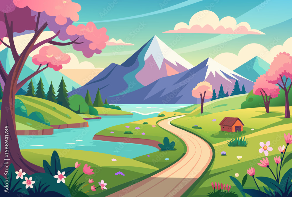 Obraz premium Spring Landscape. Serene Mountain Lake. Blooming Flowers. Winding Road