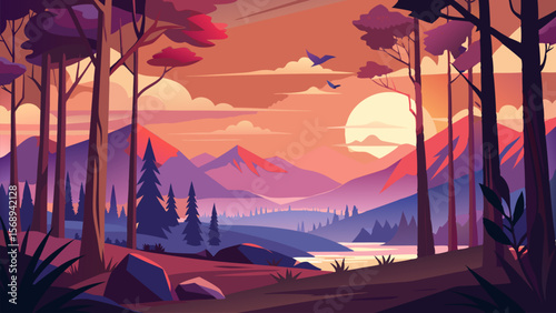 Sunset Landscape. Serene Mountain View with Forest and River