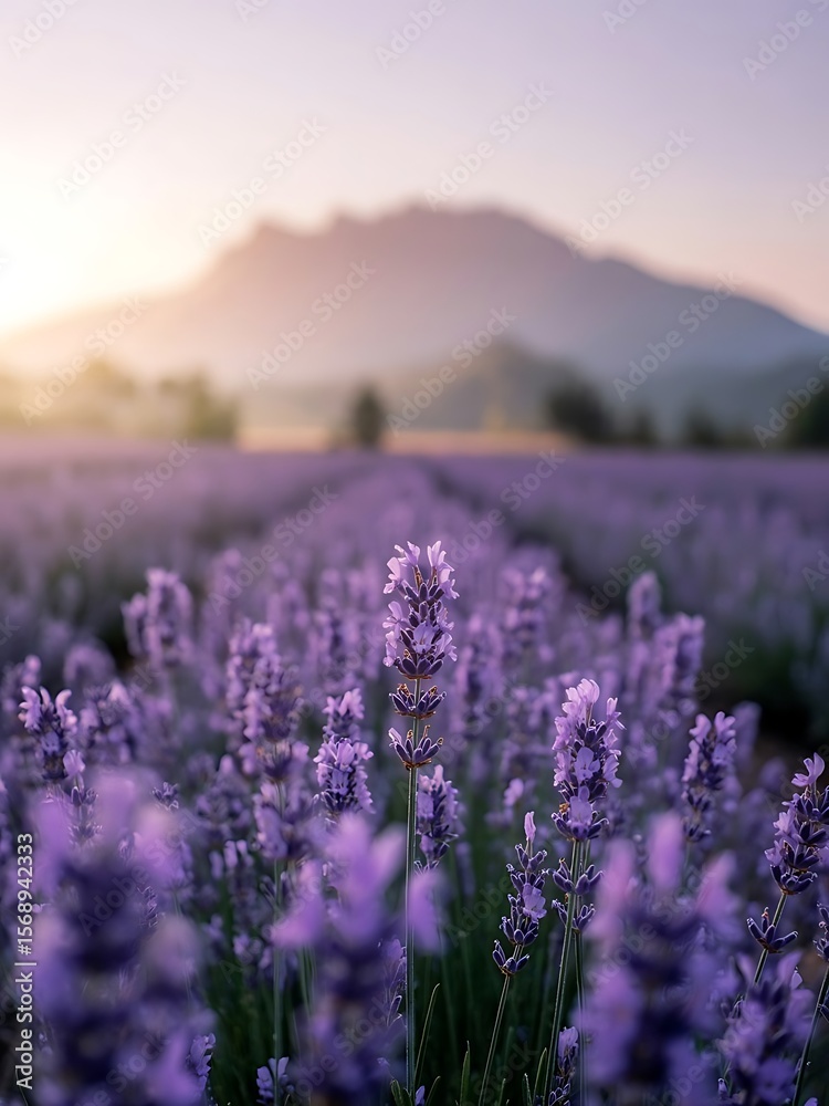Obraz premium Lavender Fields at Sunrise with Mountains