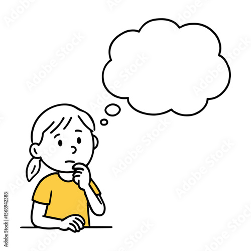 Girl Thinking with Empty Thought Bubble. Brainstorming, Imagination, Idea Concepts, Creativity. Hand-Drawn Doodle Style Vector Illustration