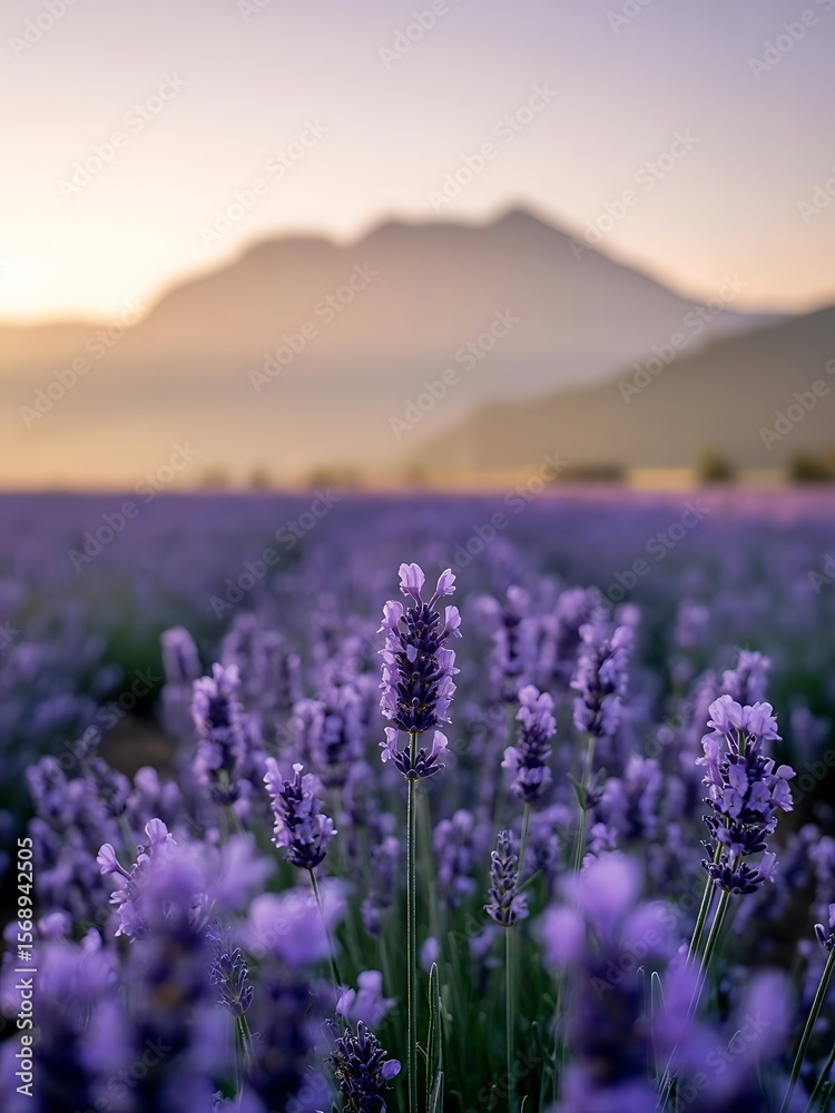 Fototapeta premium Lavender Fields at Sunrise with Mountains