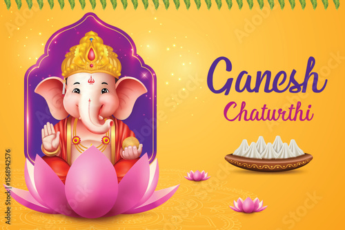 Lord Ganesha Sitting on Lotus Flower on Yellow Color Background With Mango Leaf Hanging. Ganesha Chaturthi Festival Grand Sale Celebration For Greeting Card, Invitation, E-commerce Banners.