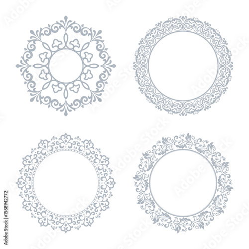 Set of decorative frames Elegant vector element for design in Eastern style, place for text. Floral gray and white borders. Lace illustration for invitations and greeting cards