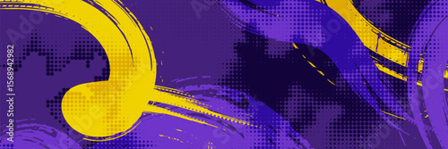 Abstract Sports Background with Purple and Yellow Brush Texture and Halftone Effect. Grunge Background for Banner or Poster Design