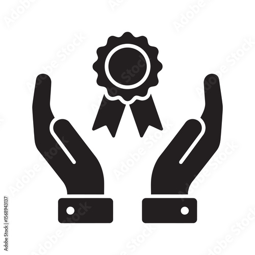 Holding quality assurance award glyph icon representing product certification warranty and top service standard for customer satisfaction guarantee design vector solid