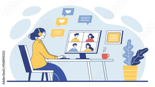 Remote video conference and online collaboration with team members on screen – flat vector illustration of virtual meeting and remote work