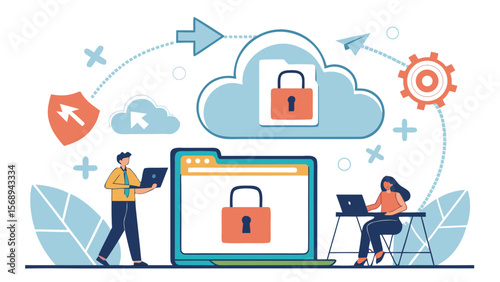 Secure cloud backup and data synchronization system with IT professionals managing servers – flat vector illustration for cybersecurity and cloud computing