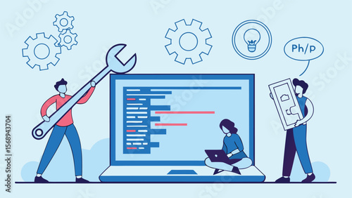 Team of developers collaborating on software development with code editor and tools – flat vector illustration