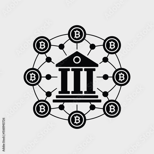 Minimalist Black and White Icon of a Bank Building Connected to Eight Bitcoin Symbols via a Circular Network of Dots