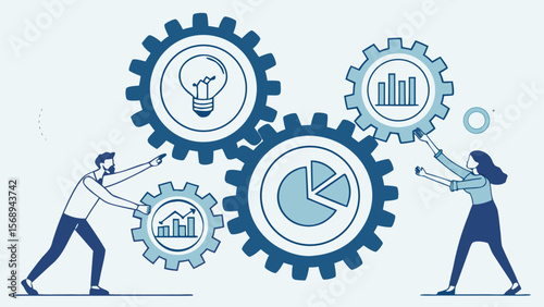 Teamwork and business process optimization with interconnected gears and data icons – flat vector concept