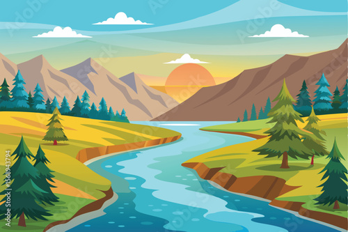 Serene Sunset River Landscape Majestic Mountains and Tranquil Waters