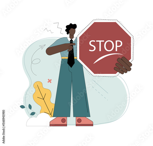 Stop sign. Protest. Boycott. Strike. Maintain personal boundaries. A man holds a stop sign.eps