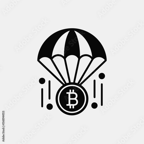 Minimalist black and white vector icon depicting a Bitcoin cryptocurrency coin descending under a parachute against a light gray background stylized as a simple graphic design element