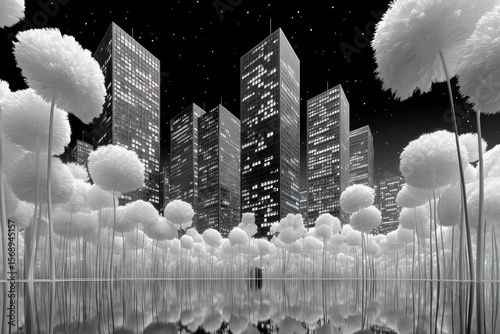 Surreal night cityscape with glowing buildings and abstract white floral structures reflected in water