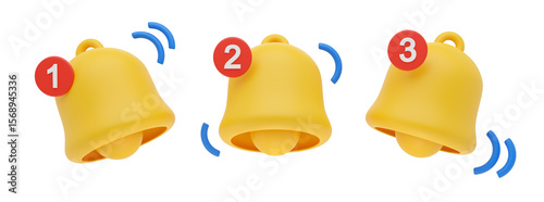 Yellow bell 3d icon with notification pop up for announcement email, social media application, chat message, website. Cute 3d Glossy alert render illustration. minimal alarm attention notice signs.