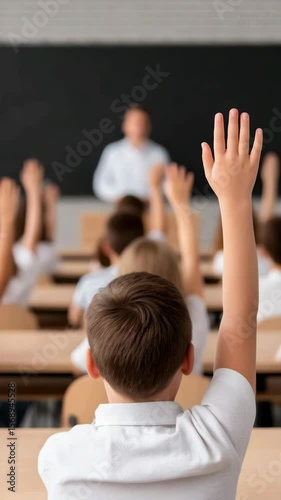 Student classroom learning with teacher guiding children, hand raised showing energy and power of education school environment fostering knowledge