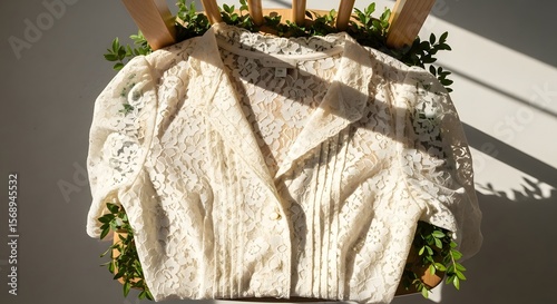 A white lace textile draped over a wooden chair adorned with green foliage in a sunlit setting creates a textured and natural composition.