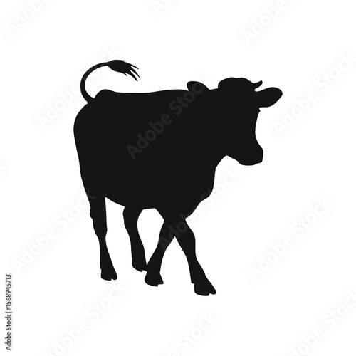 Silhouette of a walking cow, simple and stylized, showing profile view.