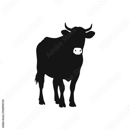 Silhouette of a standing cow, black and white, simple design.