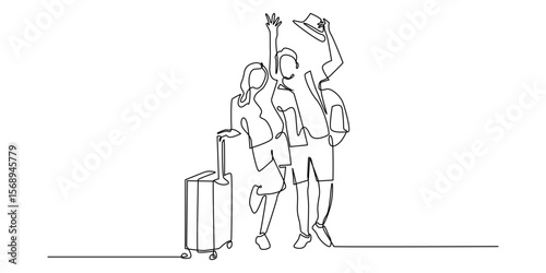 one continuous line man and woman going on vacation.single line vector vacation.line art.eps 10
