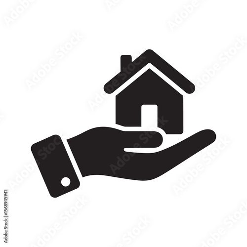 Real estate glyph icon with a hand holding a house for property ownership mortgage service home buying and residential investment concept