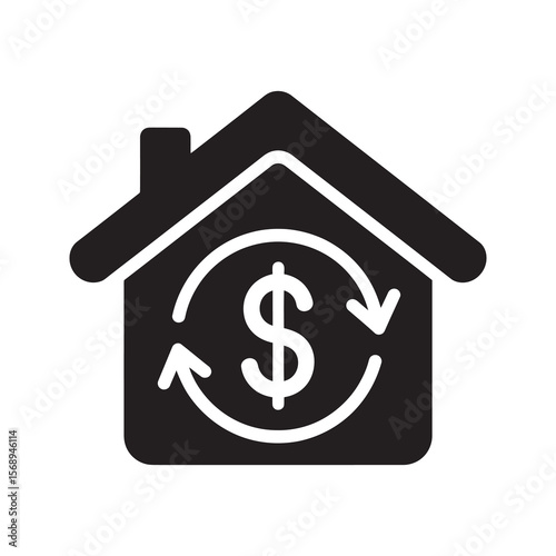 Mortgage refinance glyph icon with house dollar sign and circular arrows for home equity loan property investment cycle and real estate finance